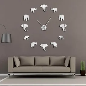 Jungle Animals Elephant DIY Large Wall Clock Home Decor Modern Design Mirror Effect Giant Frameless Elephants DIY Clock Watch