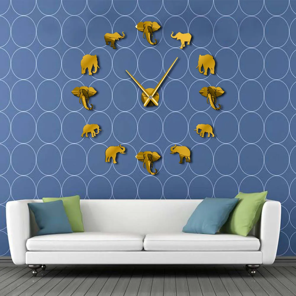 Jungle Animals Elephant DIY Large Wall Clock Home Decor Modern Design Mirror Effect Giant Frameless Elephants DIY Clock Watch