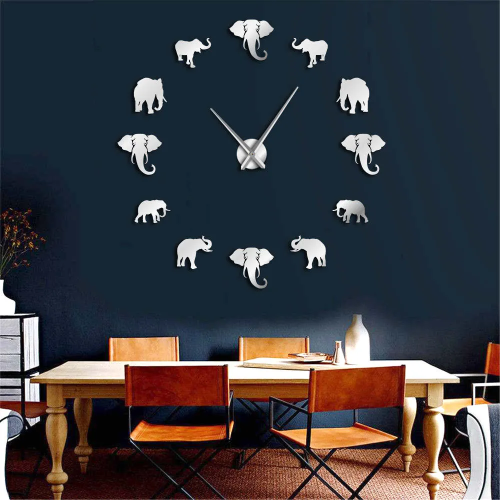 Jungle Animals Elephant DIY Large Wall Clock Home Decor Modern Design Mirror Effect Giant Frameless Elephants DIY Clock Watch