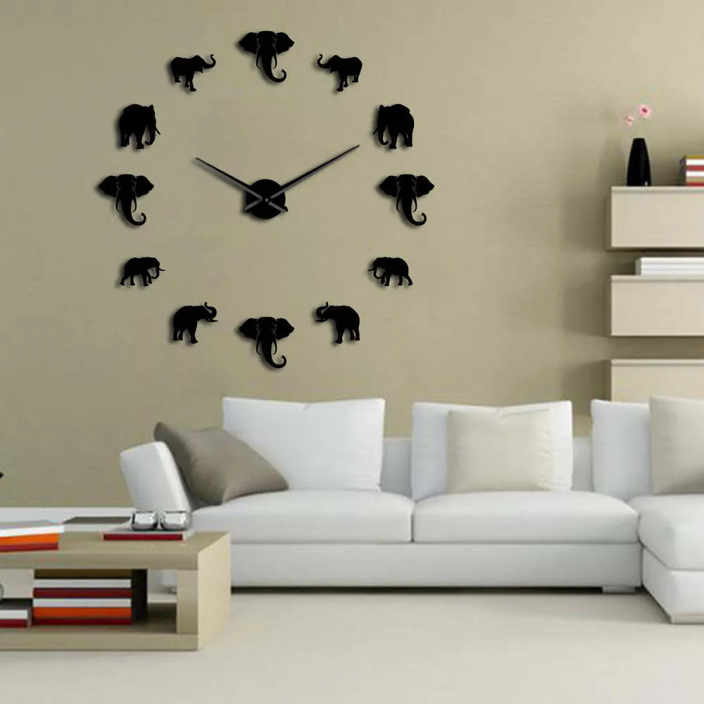 Jungle Animals Elephant DIY Large Wall Clock Home Decor Modern Design Mirror Effect Giant Frameless Elephants DIY Clock Watch