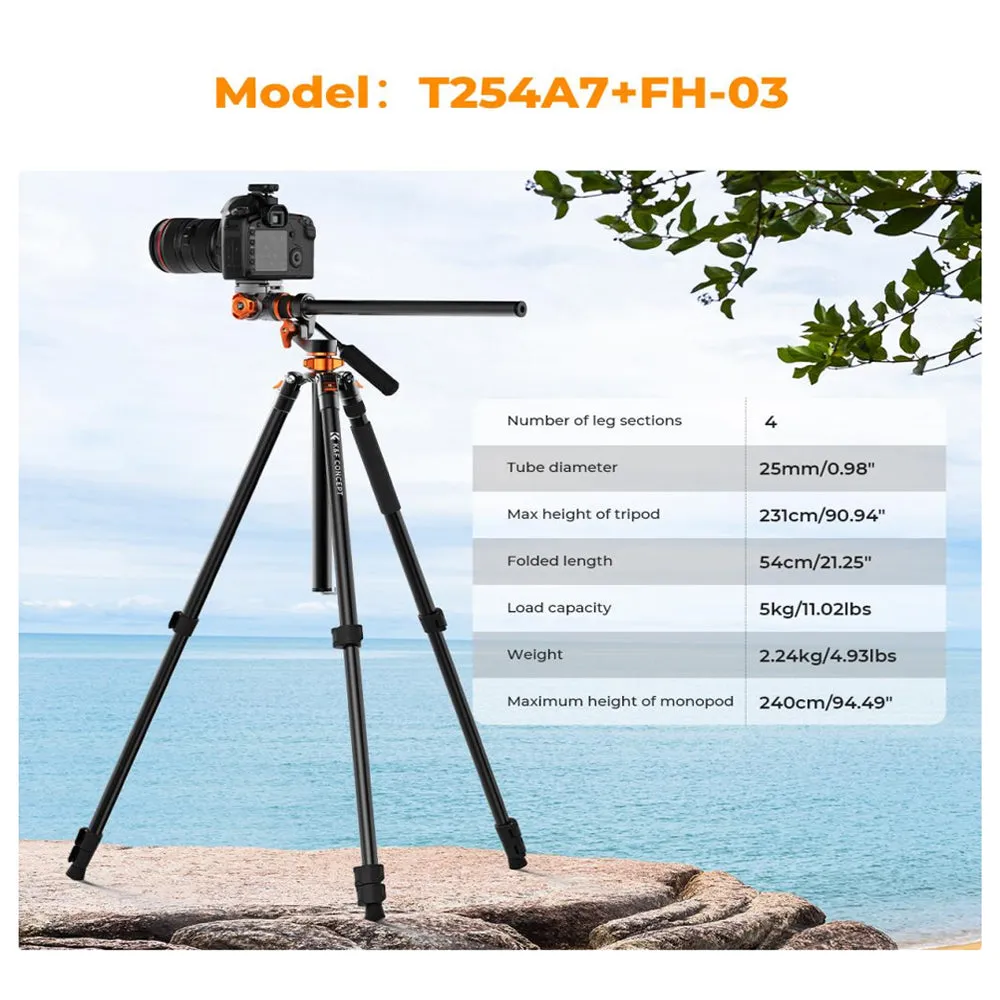 K&F Concept 4-Section 360 Degree Panoramic Fluid Head Video Tripod   Monopod with Max 95" Working Height, 5kg Max Load Capacity and Arca Swiss QR Plate for DSLR Mirrorless Camera | T254A7 FH-03