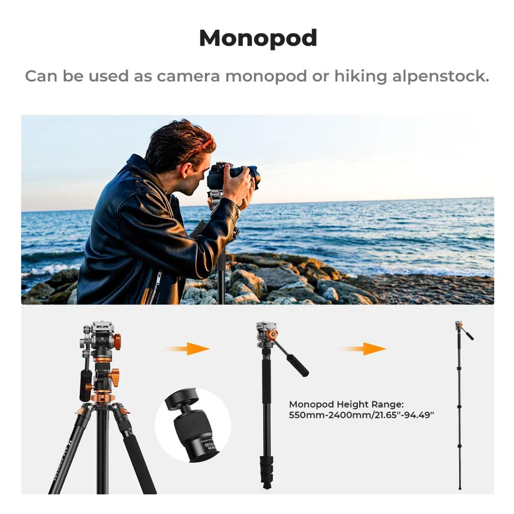 K&F Concept 4-Section 360 Degree Panoramic Fluid Head Video Tripod   Monopod with Max 95" Working Height, 5kg Max Load Capacity and Arca Swiss QR Plate for DSLR Mirrorless Camera | T254A7 FH-03