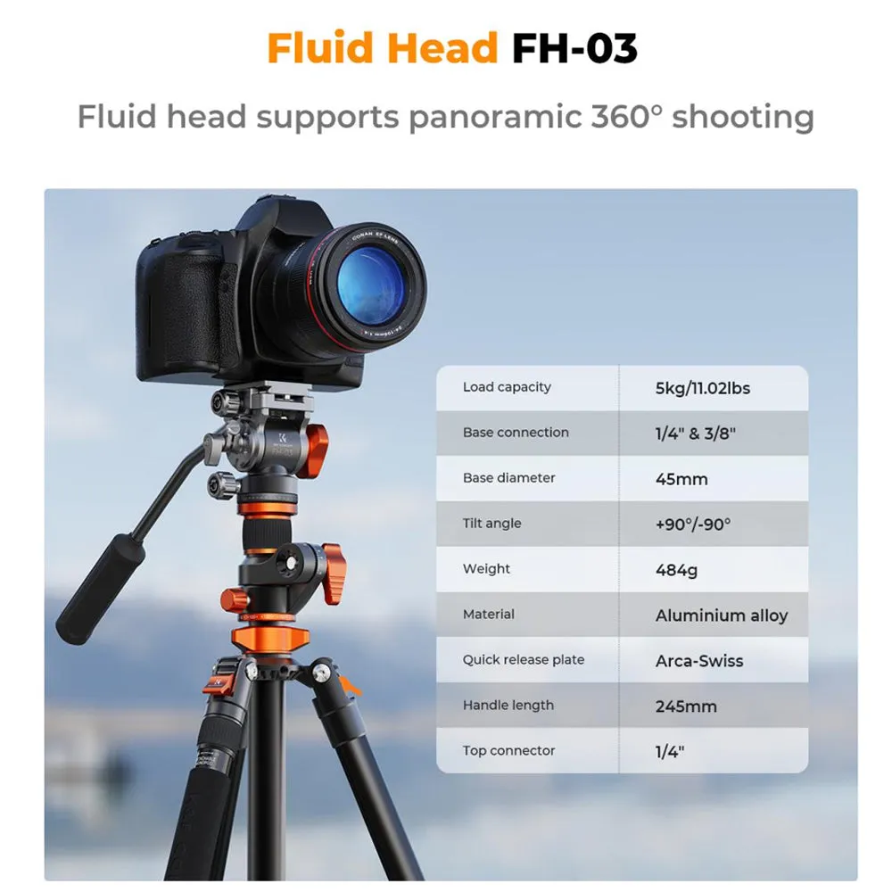 K&F Concept 4-Section 360 Degree Panoramic Fluid Head Video Tripod   Monopod with Max 95" Working Height, 5kg Max Load Capacity and Arca Swiss QR Plate for DSLR Mirrorless Camera | T254A7 FH-03