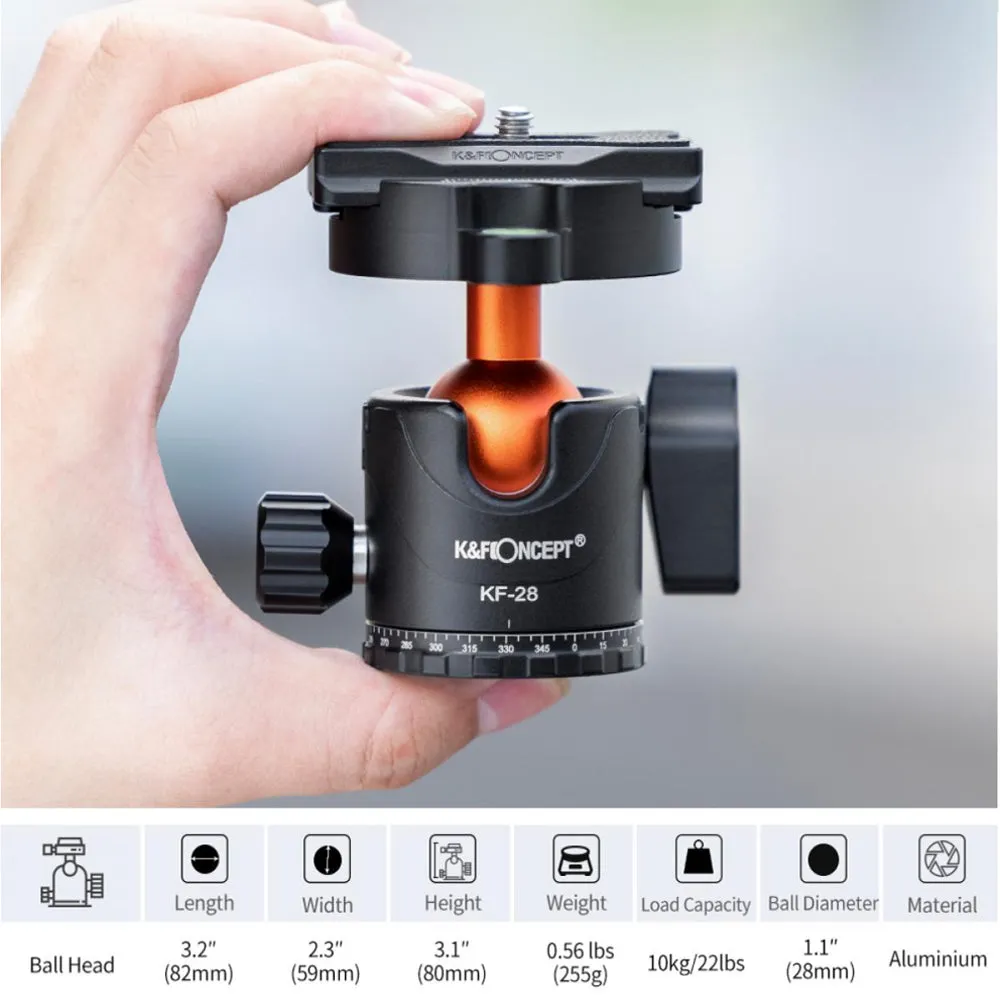 K&F Concept BH-28L Carbon Fiber Tripod with Monopod Function, Quick Release Plate, 28mm Metal Ball Head, 160cm Max Height, 10kg Payload Capacity for Digital Camera, Camcorder, Clip Phone Holder, Video Fill Light, Photography | KF09-109