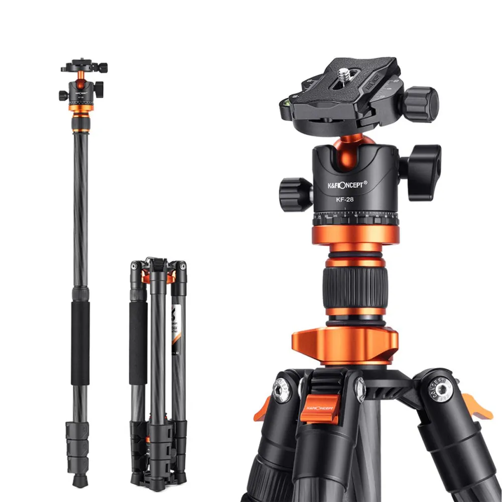 K&F Concept BH-28L Carbon Fiber Tripod with Monopod Function, Quick Release Plate, 28mm Metal Ball Head, 160cm Max Height, 10kg Payload Capacity for Digital Camera, Camcorder, Clip Phone Holder, Video Fill Light, Photography | KF09-109