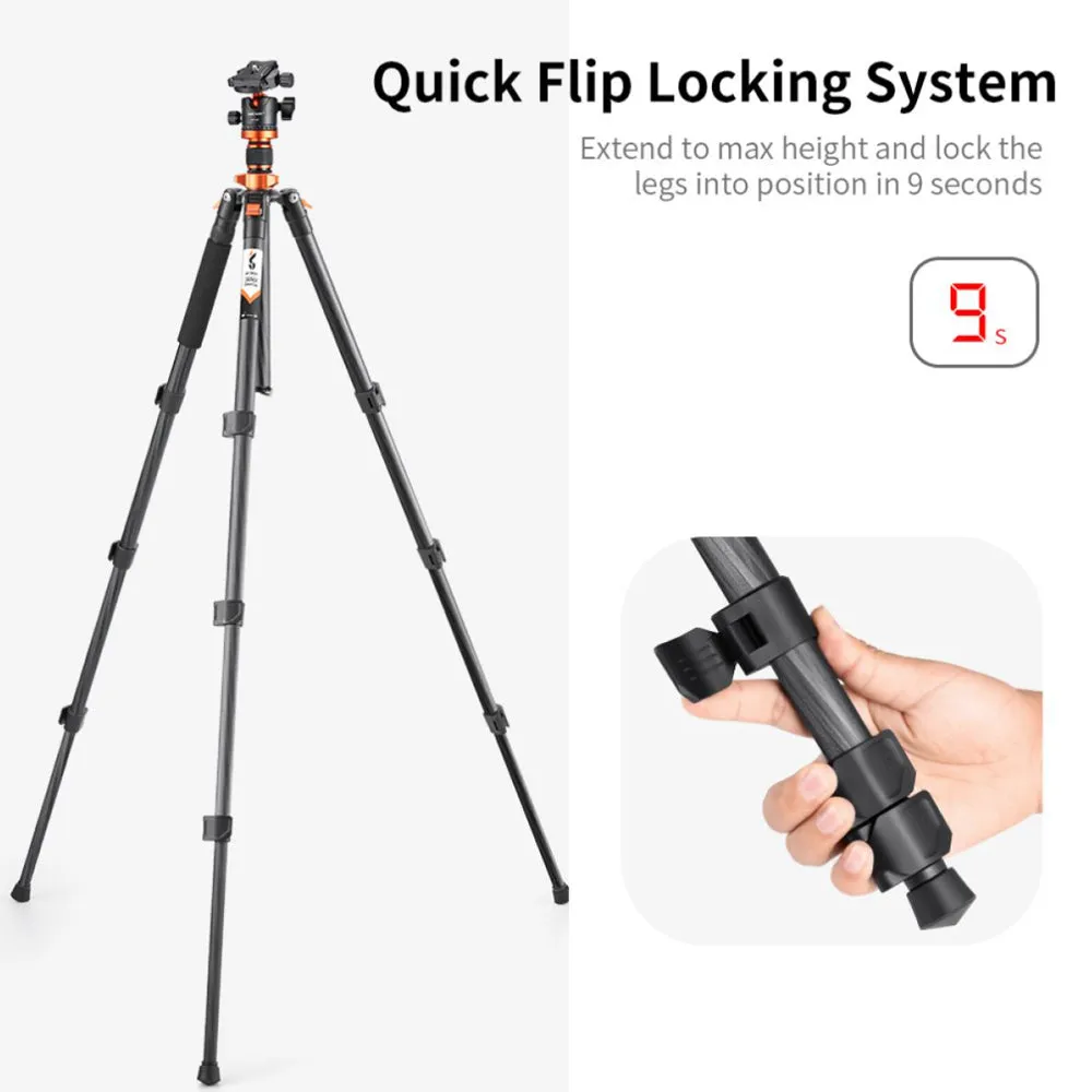 K&F Concept BH-28L Carbon Fiber Tripod with Monopod Function, Quick Release Plate, 28mm Metal Ball Head, 160cm Max Height, 10kg Payload Capacity for Digital Camera, Camcorder, Clip Phone Holder, Video Fill Light, Photography | KF09-109
