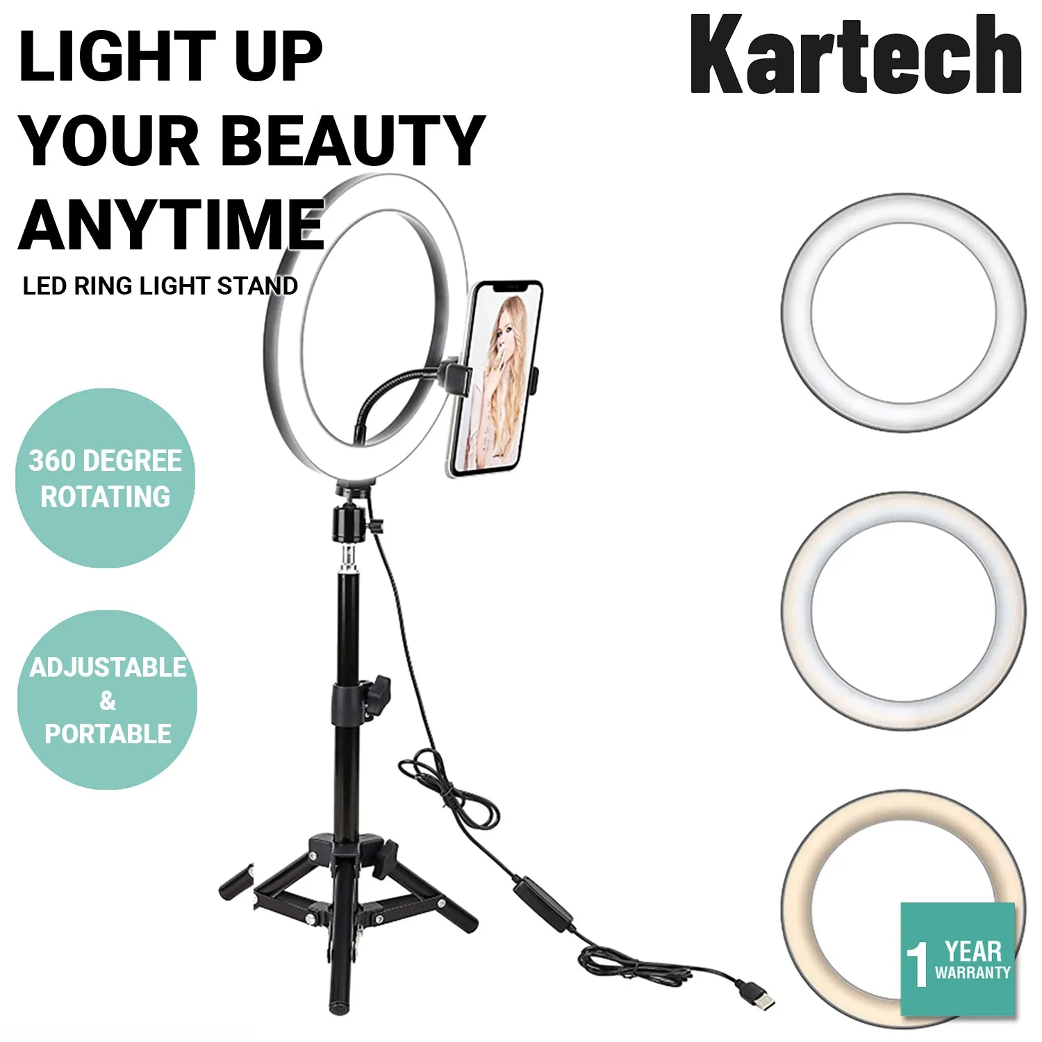Kartech LED Ring Light Stand Lamp Diffuser Selfie Makeup Live Tripod 7"/10"