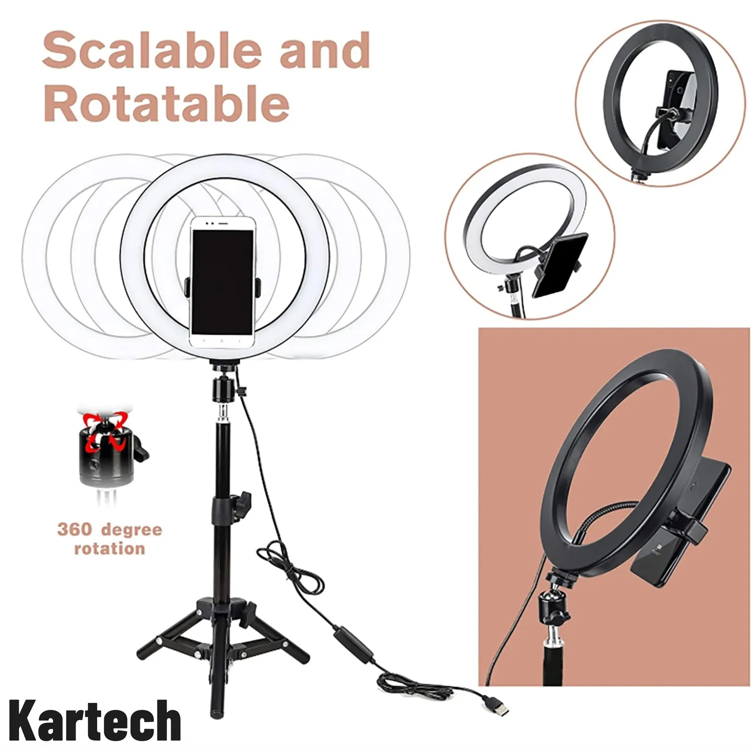 Kartech LED Ring Light Stand Lamp Diffuser Selfie Makeup Live Tripod 7"/10"