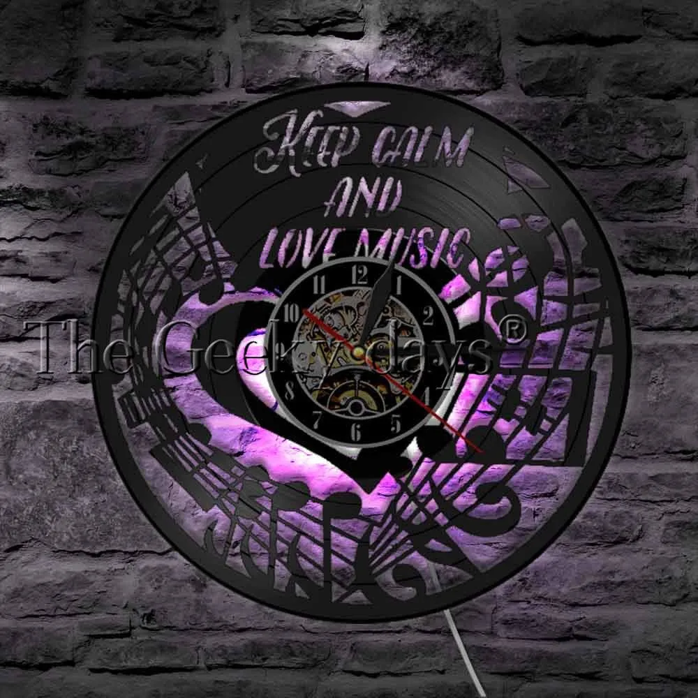 Keep Calm and Love Music Inspirational Wall Clock Music Note Treble Bass Clef Vinyl Record Wall Clock Music Studio Clock Watch