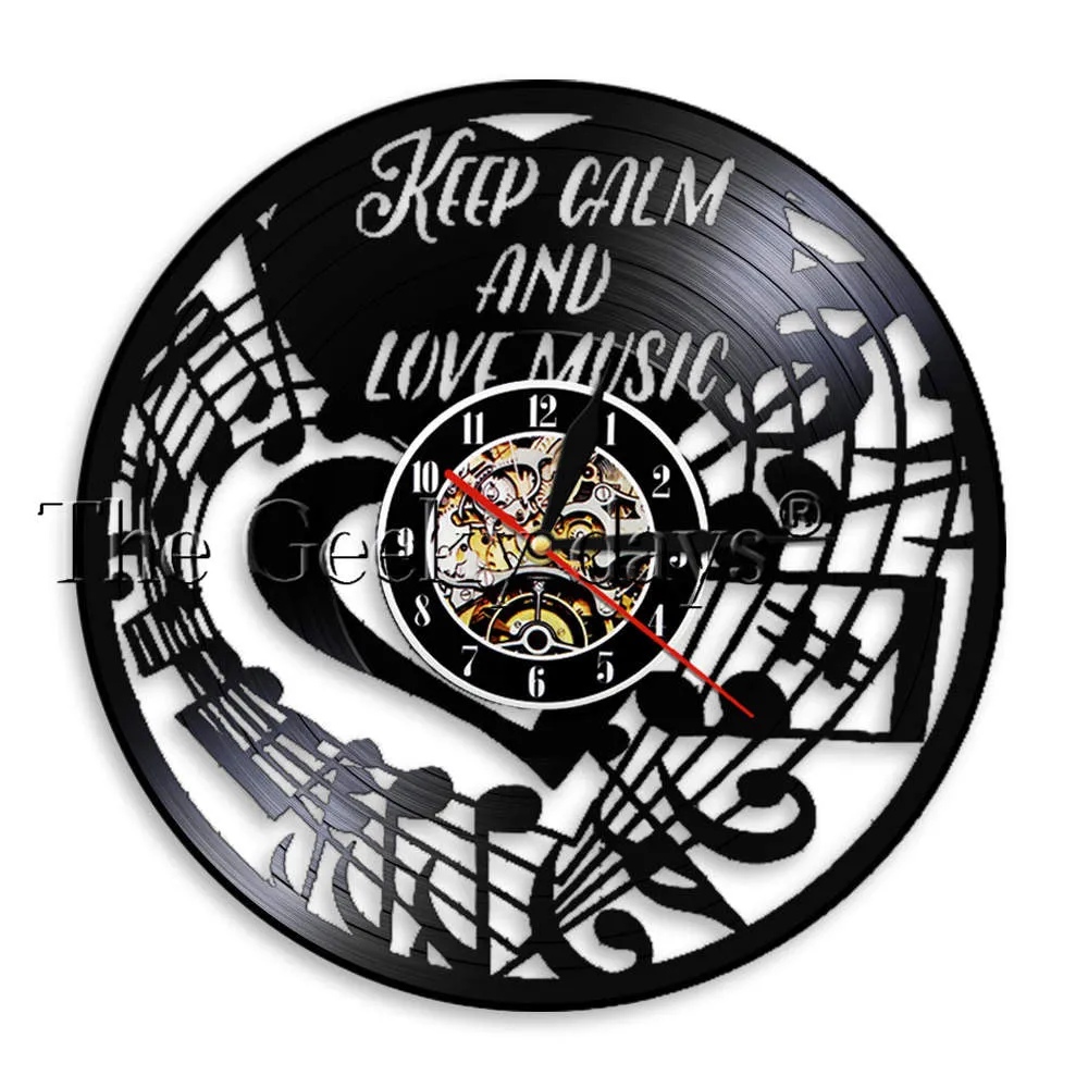 Keep Calm and Love Music Inspirational Wall Clock Music Note Treble Bass Clef Vinyl Record Wall Clock Music Studio Clock Watch