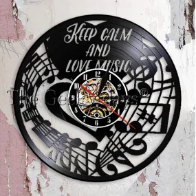 Keep Calm and Love Music Inspirational Wall Clock Music Note Treble Bass Clef Vinyl Record Wall Clock Music Studio Clock Watch