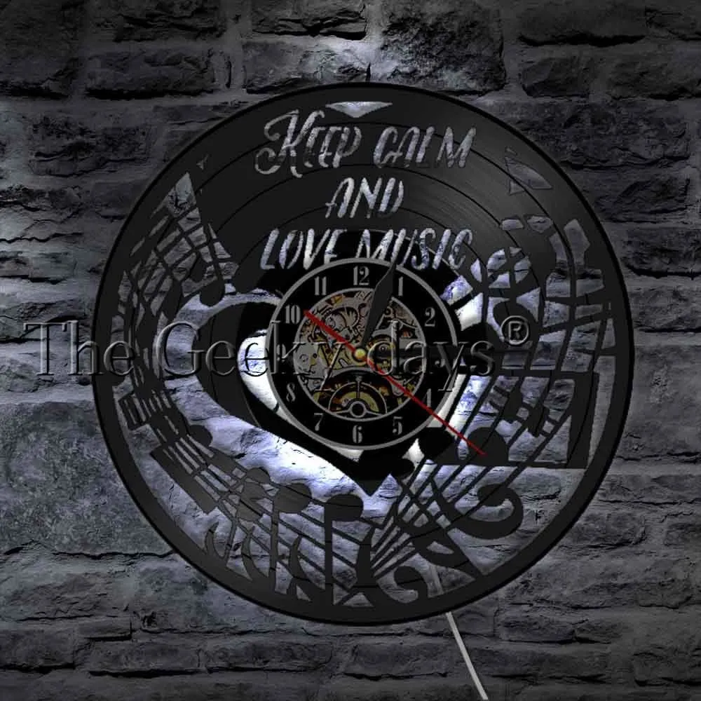 Keep Calm and Love Music Inspirational Wall Clock Music Note Treble Bass Clef Vinyl Record Wall Clock Music Studio Clock Watch