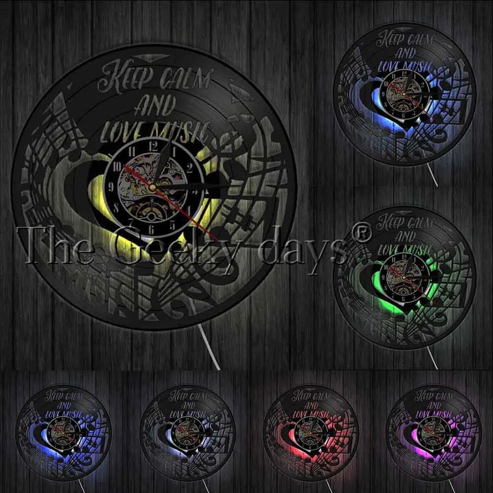 Keep Calm and Love Music Inspirational Wall Clock Music Note Treble Bass Clef Vinyl Record Wall Clock Music Studio Clock Watch