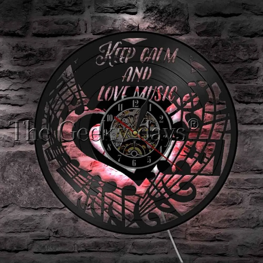 Keep Calm and Love Music Inspirational Wall Clock Music Note Treble Bass Clef Vinyl Record Wall Clock Music Studio Clock Watch
