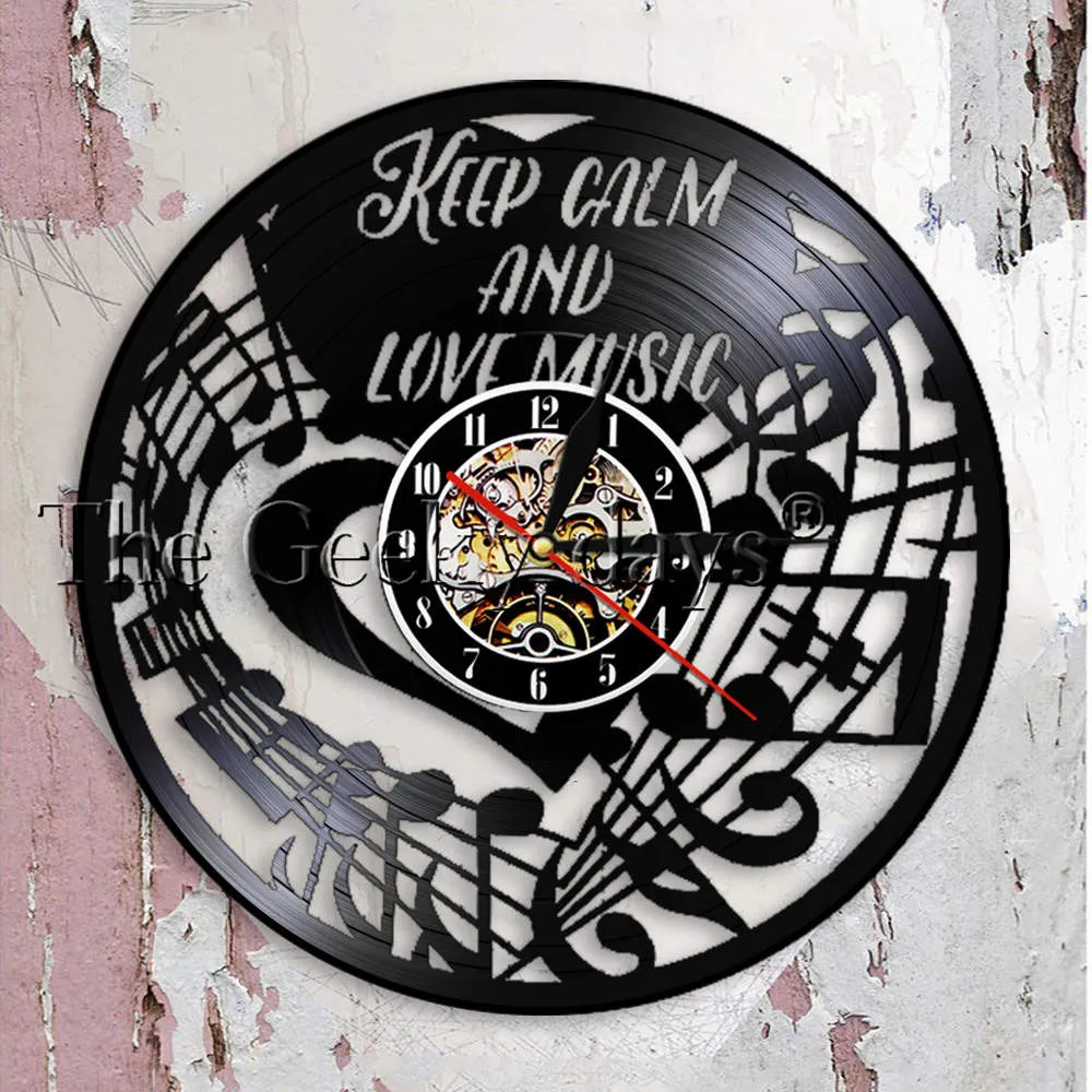 Keep Calm and Love Music Inspirational Wall Clock Music Note Treble Bass Clef Vinyl Record Wall Clock Music Studio Clock Watch