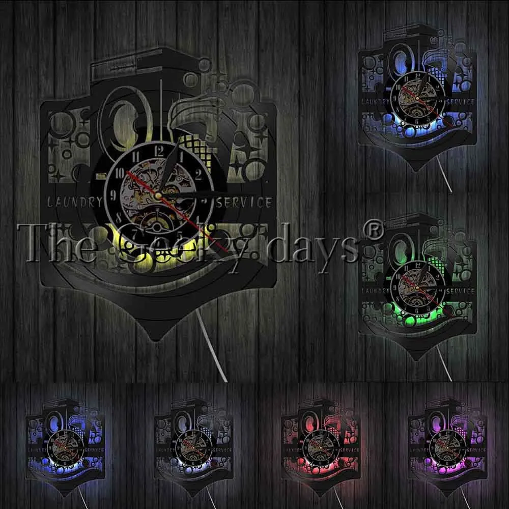 Laundry Room Logo Business Sign Wall Clock Washing Machine Laundry Service Wash Clean Clothes Maid Service Vinyl Record Clock