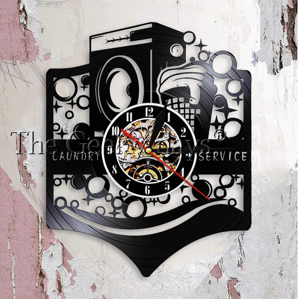 Laundry Room Logo Business Sign Wall Clock Washing Machine Laundry Service Wash Clean Clothes Maid Service Vinyl Record Clock