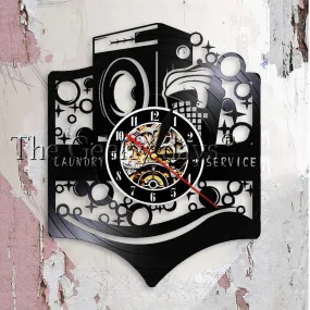 Laundry Room Logo Business Sign Wall Clock Washing Machine Laundry Service Wash Clean Clothes Maid Service Vinyl Record Clock
