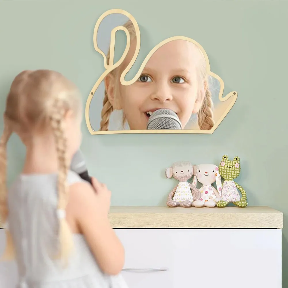 Magical Children Mirror Sleeping Swan Wood and Acrylic Make-up Mirror Baby Kids Girl Room Swan Princess Decorative Wall Mirror