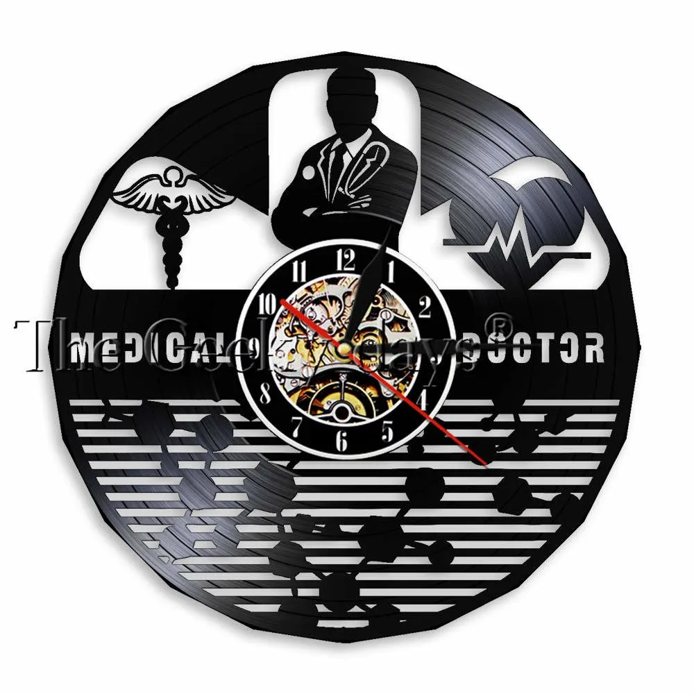 Medical Doctor Hospital Sign MD Symbol Wall Clock Rod of Asclepius Staff of Caduceus Hospital Doctor Office Vinyl Record Clock