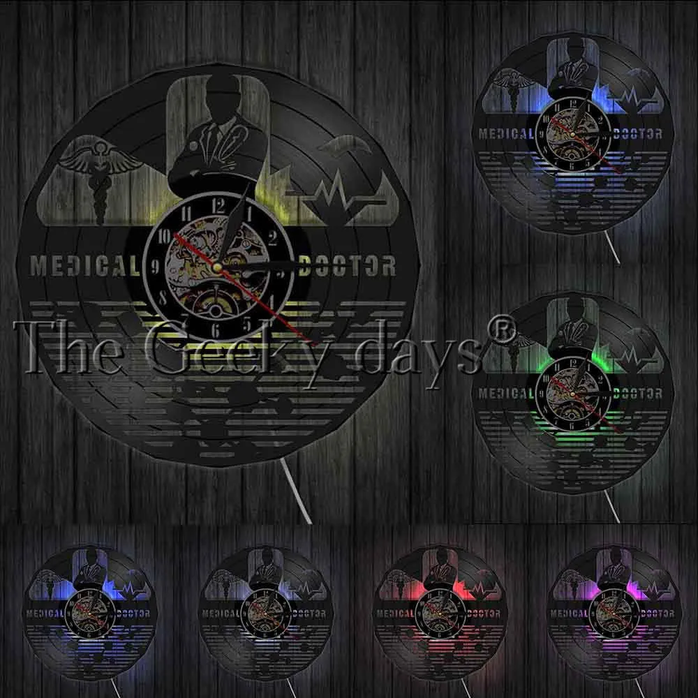 Medical Doctor Hospital Sign MD Symbol Wall Clock Rod of Asclepius Staff of Caduceus Hospital Doctor Office Vinyl Record Clock