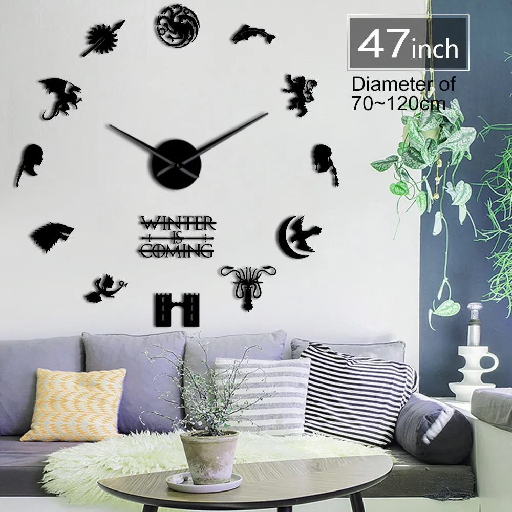 Medieval Fantasy House Stark Motto House Words Winter Is Coming Wall Art DIY Large Wall Clock Home Decor Big Needles Wall Watch