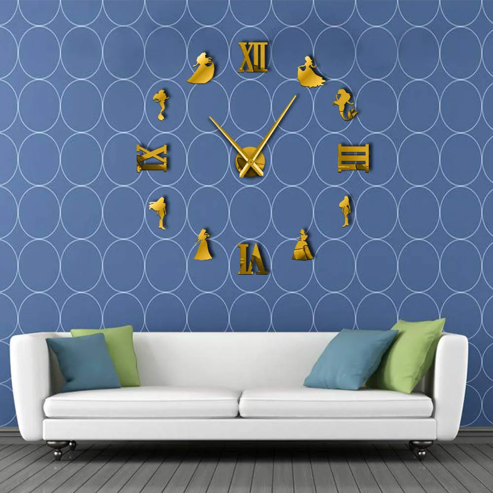 Mermaid & Princess DIY Large Wall Clock Fairytale Style Frameless Giant Wall Clock Girl Room Decor Modern Design Gift For Her
