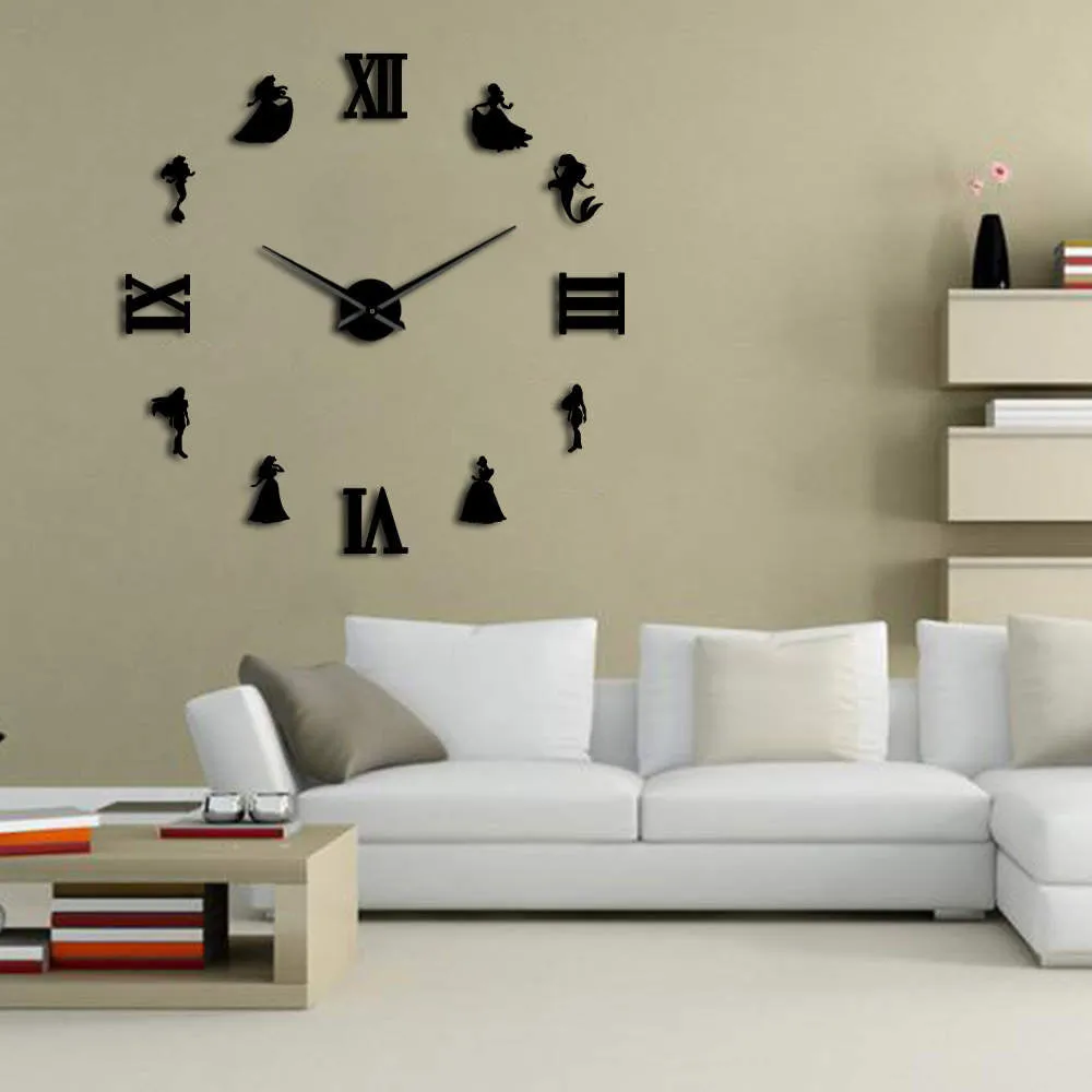 Mermaid & Princess DIY Large Wall Clock Fairytale Style Frameless Giant Wall Clock Girl Room Decor Modern Design Gift For Her