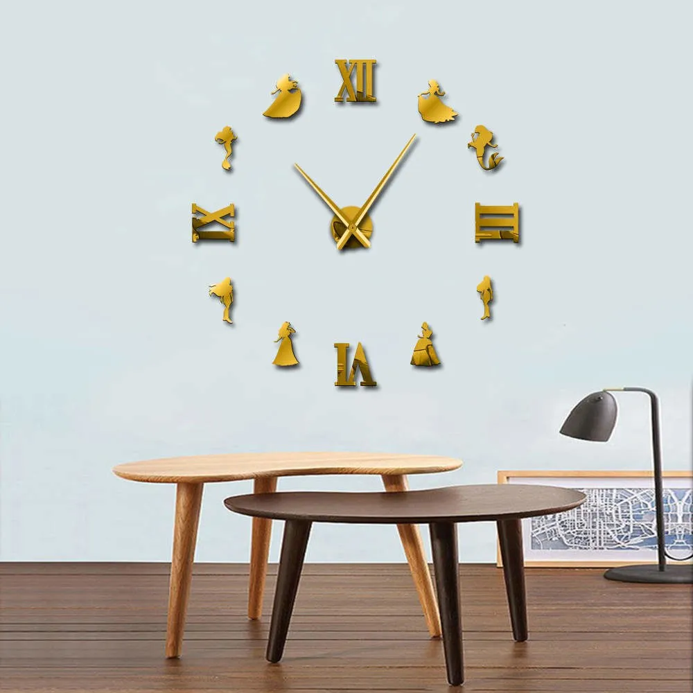 Mermaid & Princess DIY Large Wall Clock Fairytale Style Frameless Giant Wall Clock Girl Room Decor Modern Design Gift For Her