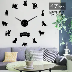 Mexico Dog Breed Chihuahua DIY 3D Acrylic Wall Clock With Big Clock Hands Mirror Effect Numbers Sticker Dog Pet Giant Wall Watch