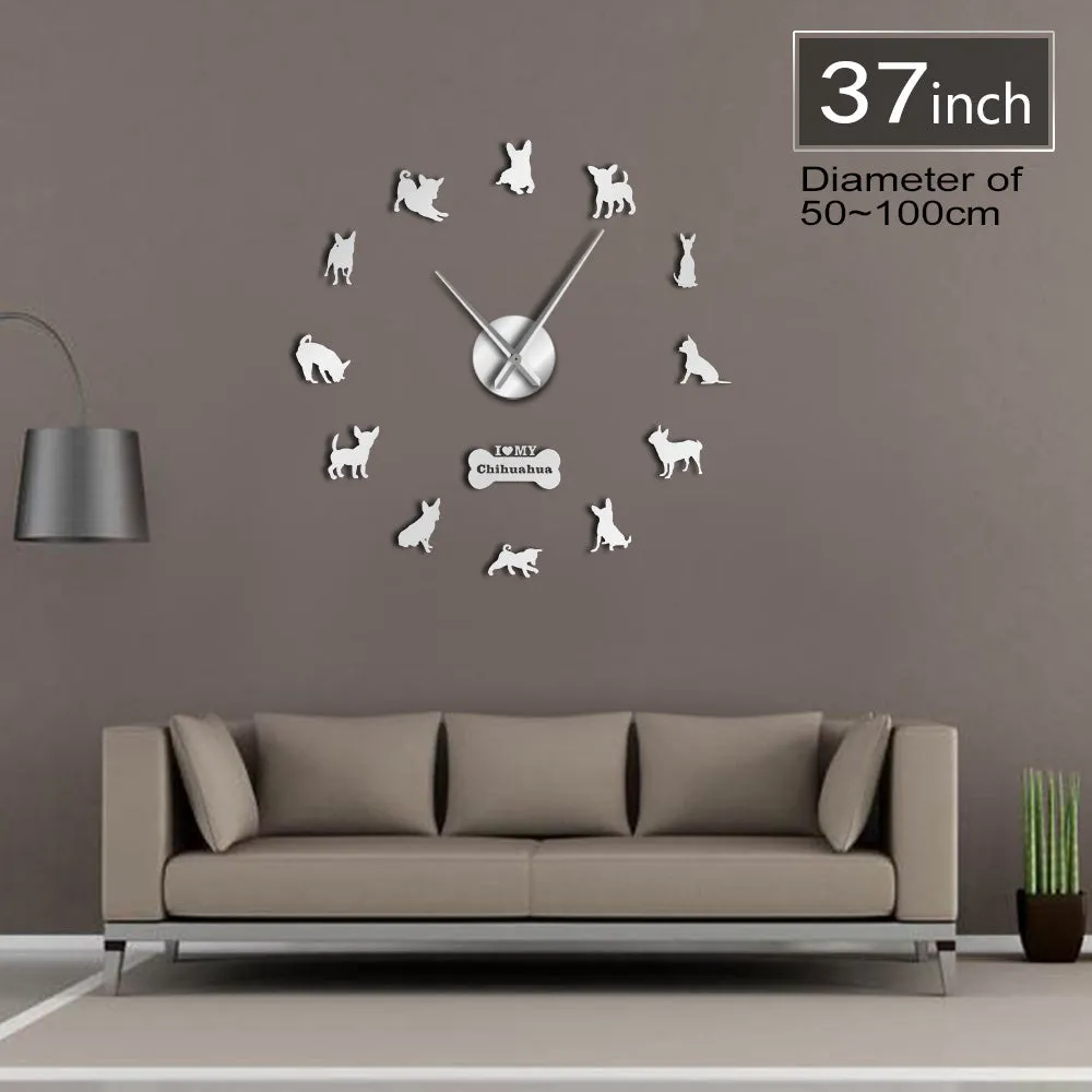 Mexico Dog Breed Chihuahua DIY 3D Acrylic Wall Clock With Big Clock Hands Mirror Effect Numbers Sticker Dog Pet Giant Wall Watch