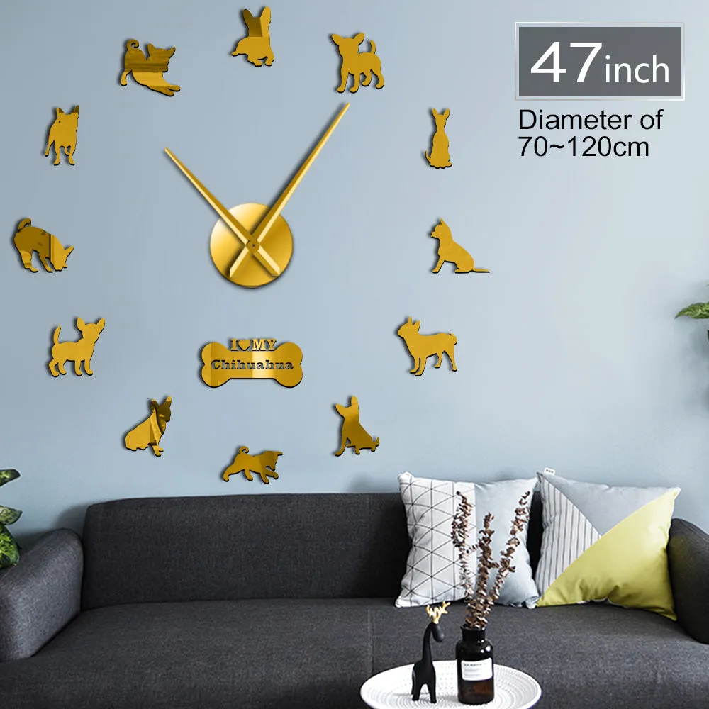 Mexico Dog Breed Chihuahua DIY 3D Acrylic Wall Clock With Big Clock Hands Mirror Effect Numbers Sticker Dog Pet Giant Wall Watch