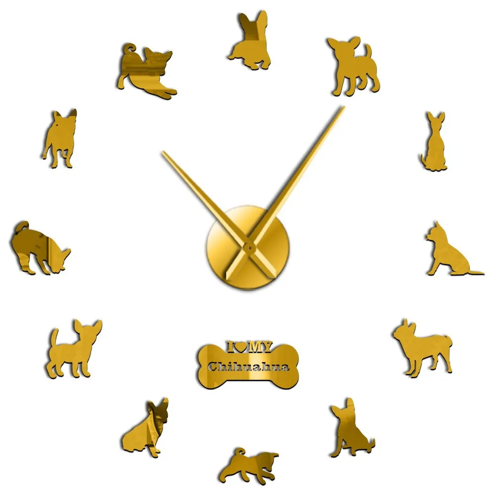 Mexico Dog Breed Chihuahua DIY 3D Acrylic Wall Clock With Big Clock Hands Mirror Effect Numbers Sticker Dog Pet Giant Wall Watch