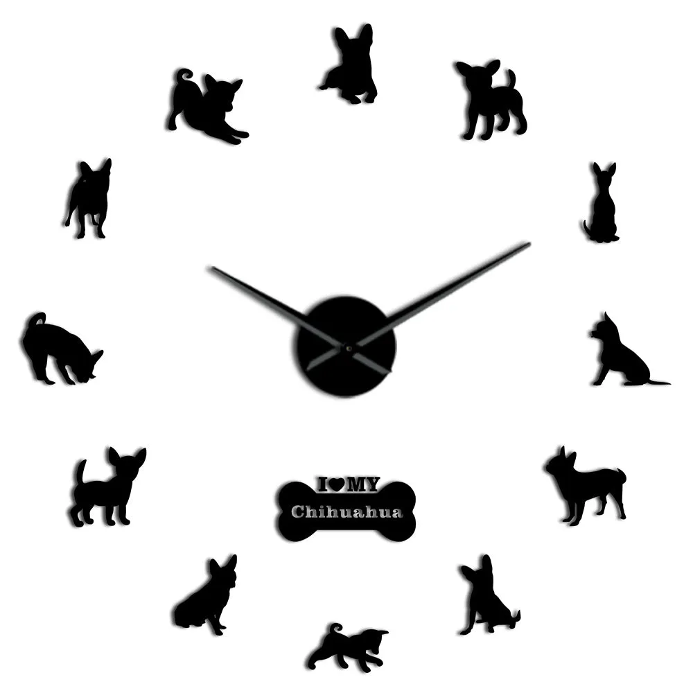 Mexico Dog Breed Chihuahua DIY 3D Acrylic Wall Clock With Big Clock Hands Mirror Effect Numbers Sticker Dog Pet Giant Wall Watch