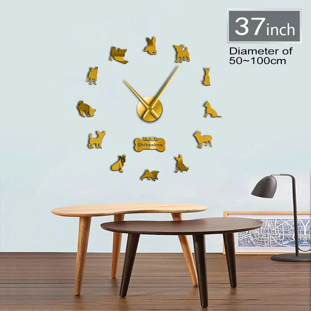 Mexico Dog Breed Chihuahua DIY 3D Acrylic Wall Clock With Big Clock Hands Mirror Effect Numbers Sticker Dog Pet Giant Wall Watch
