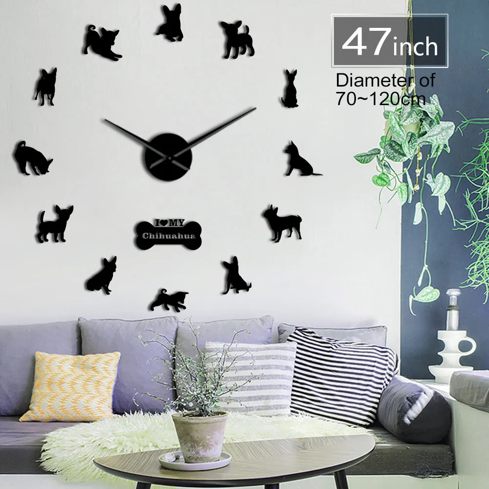 Mexico Dog Breed Chihuahua DIY 3D Acrylic Wall Clock With Big Clock Hands Mirror Effect Numbers Sticker Dog Pet Giant Wall Watch