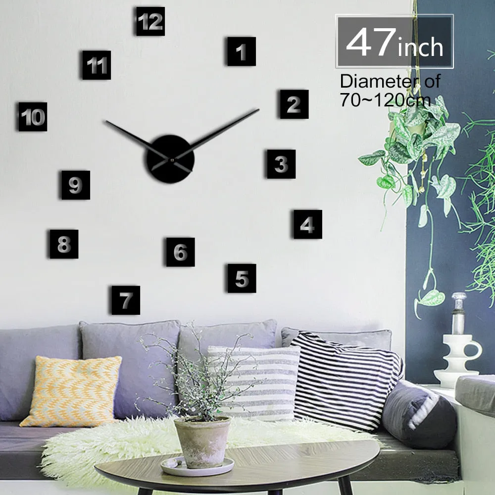 Modern DIY Acrylic Mirror Effect Wall Clock 3D Big Size WallClocks Living Room Home Decor Long Hands Needle Wall Clock Watch
