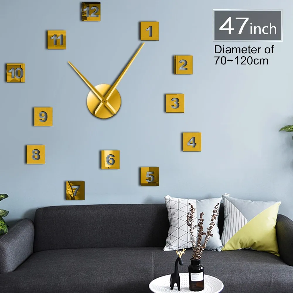 Modern DIY Acrylic Mirror Effect Wall Clock 3D Big Size WallClocks Living Room Home Decor Long Hands Needle Wall Clock Watch