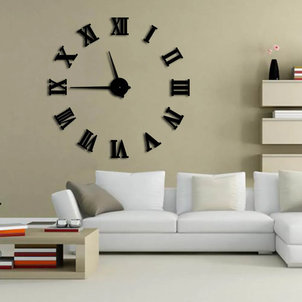 Modern DIY Large Wall Clock 3D Mirror Surface Sticker Home Decor Art Giant Wall Clock Watch With Roman Numerals Big Clock