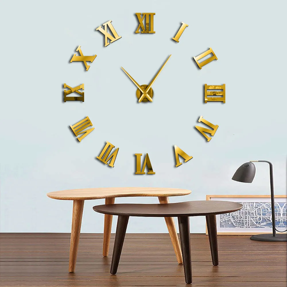 Modern DIY Large Wall Clock 3D Mirror Surface Sticker Home Decor Art Giant Wall Clock Watch With Roman Numerals Big Clock