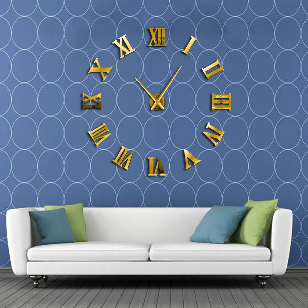 Modern DIY Large Wall Clock 3D Mirror Surface Sticker Home Decor Art Giant Wall Clock Watch With Roman Numerals Big Clock