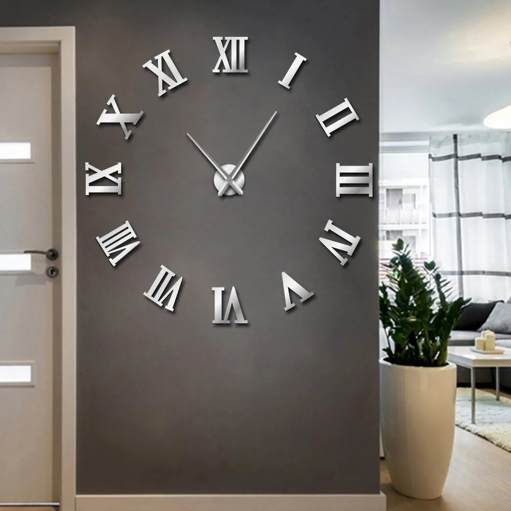 Modern DIY Large Wall Clock 3D Mirror Surface Sticker Home Decor Art Giant Wall Clock Watch With Roman Numerals Big Clock