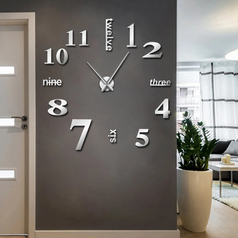 Modern DIY Mute Large Wall Clock Home Decor Office 3D Mirror Surface Wall Sticker Clocks Giant Frameless Decorative Clock Watch