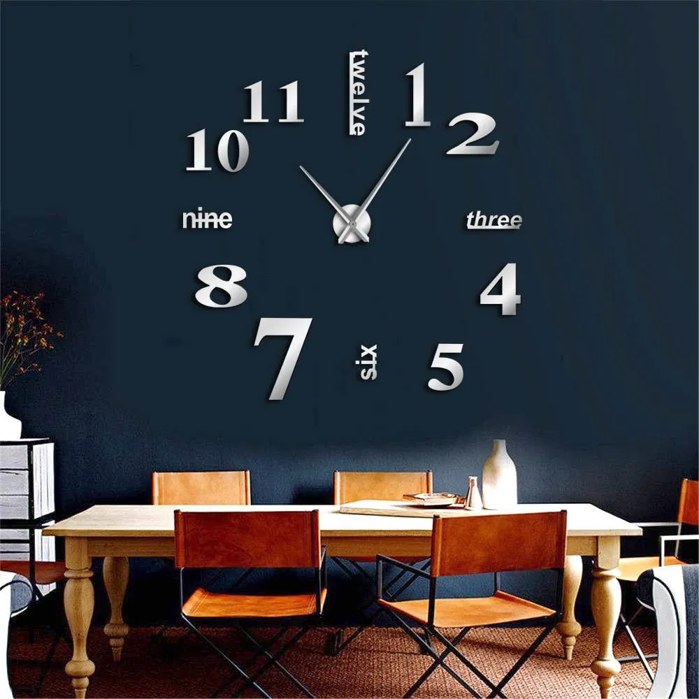 Modern DIY Mute Large Wall Clock Home Decor Office 3D Mirror Surface Wall Sticker Clocks Giant Frameless Decorative Clock Watch