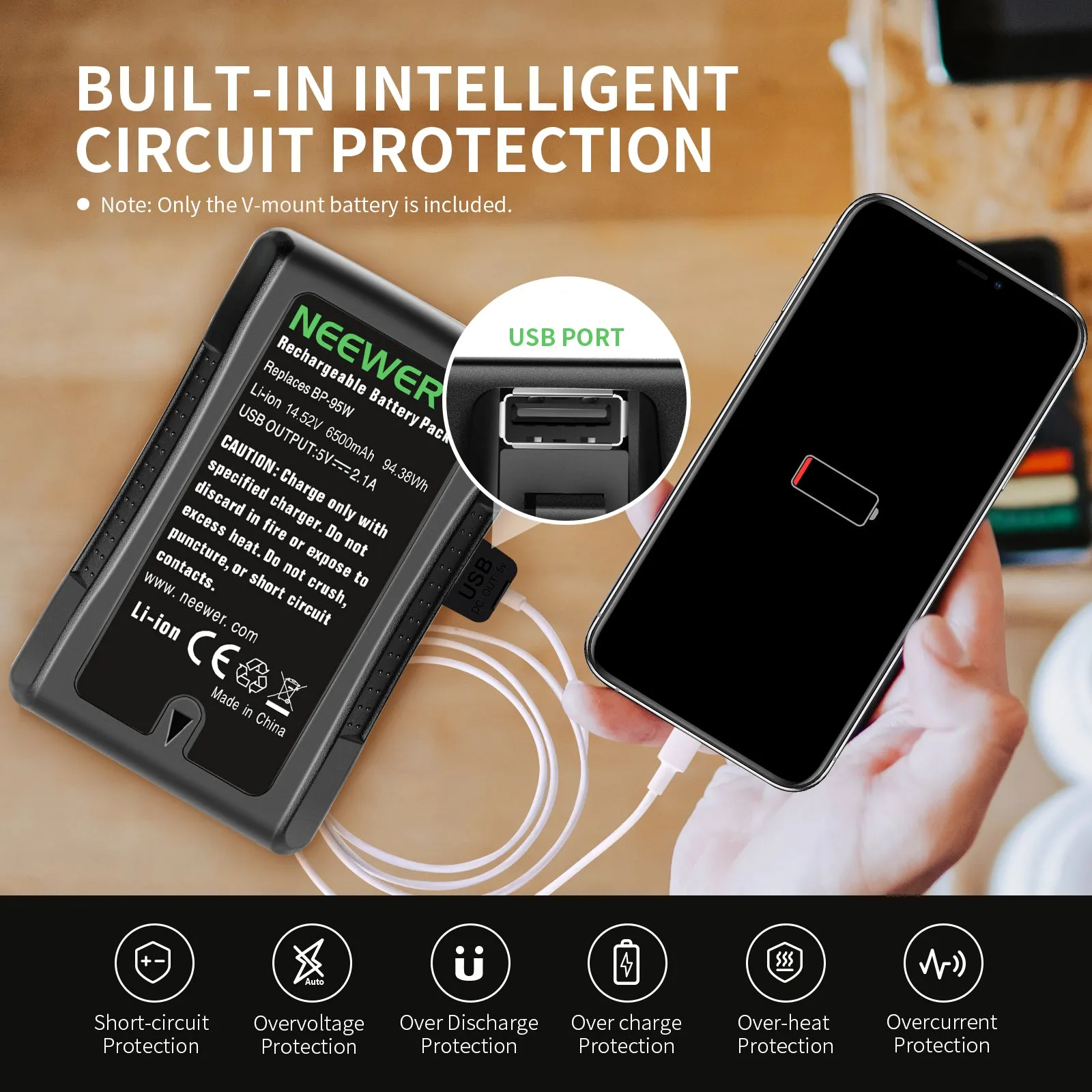 NEEWER BP-95W 6600mAh V-Mount/V-Lock Rechargeable Li-ion Battery