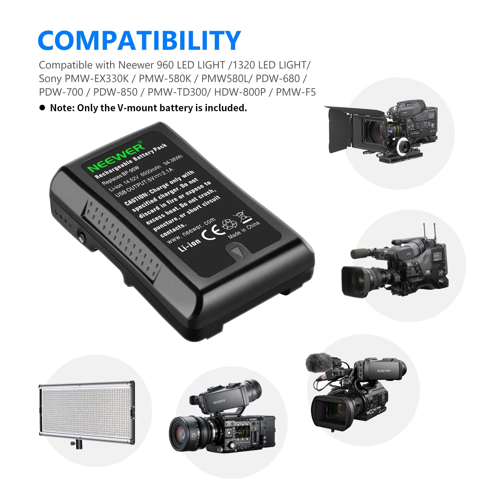 NEEWER BP-95W 6600mAh V-Mount/V-Lock Rechargeable Li-ion Battery
