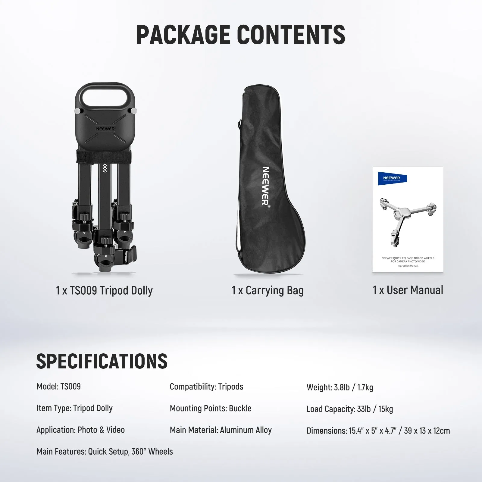 NEEWER TS009 Quick Lock Release Photography Tripod Dolly