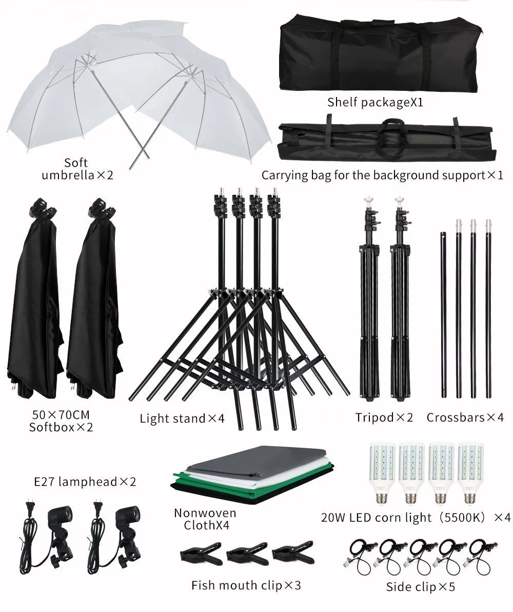 Photo Studio Lighting Kit 2x3M Background Support System With 4Pcs Backdrop Photography LED Light Softbox Umbrella Tripod Stand