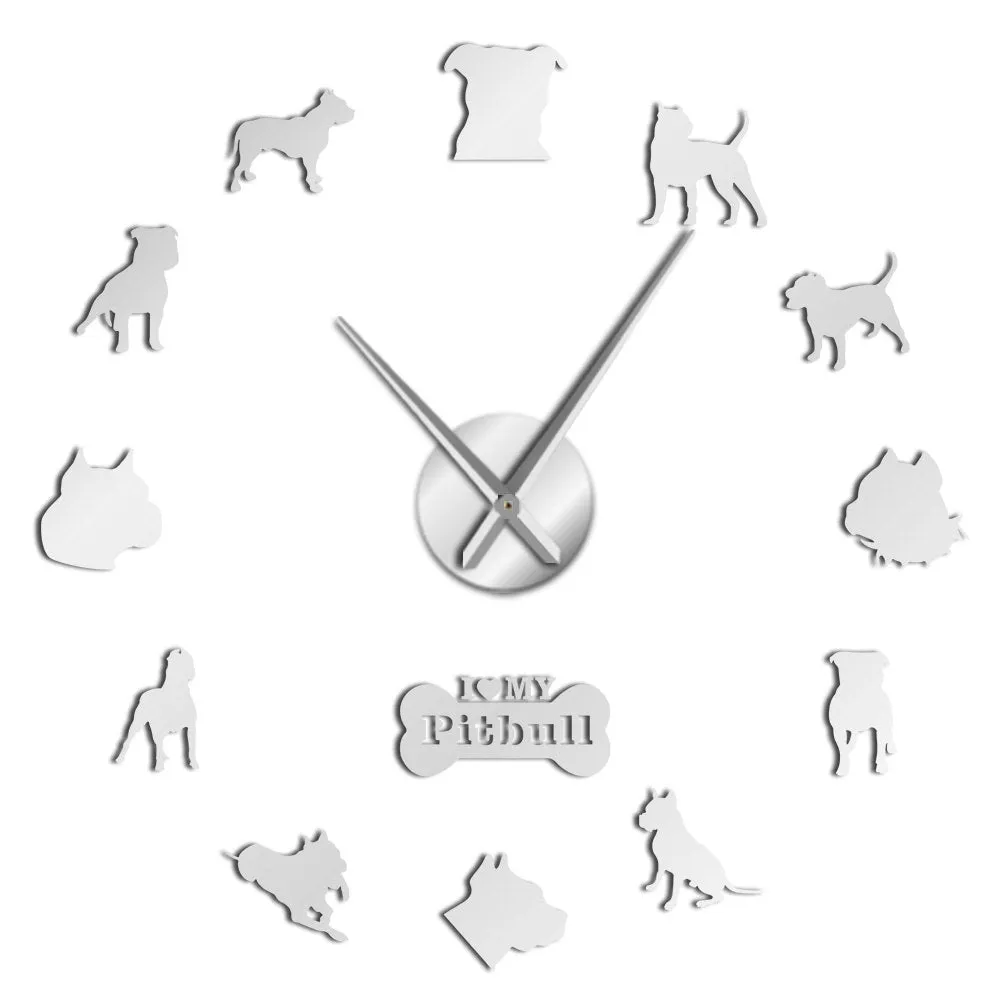Pit Bull Large Wall Clock Dog Breed Pitties Home Deocr Self Adhesive DIY 3D Wall Clock Mirror Surface Pit Bull Dog Lover Gifts