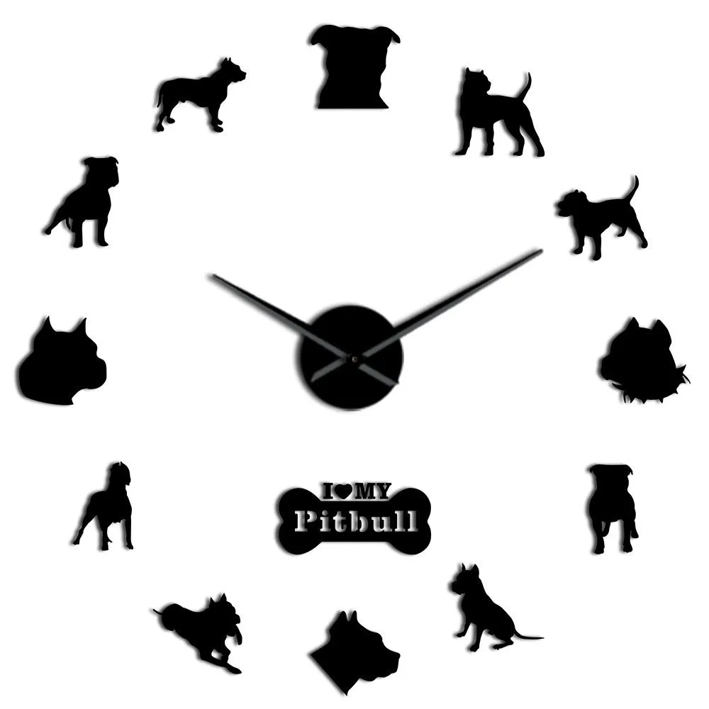 Pit Bull Large Wall Clock Dog Breed Pitties Home Deocr Self Adhesive DIY 3D Wall Clock Mirror Surface Pit Bull Dog Lover Gifts